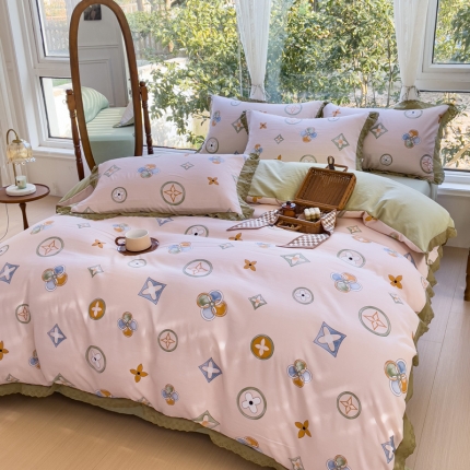 91家纺网 家纺一手货源 找家纺 （总）大米 2023新款复古花边A类印花水洗棉麻双层纱四件套