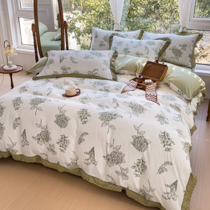 91家纺网 家纺一手货源 找家纺 （总）大米 2023新款复古花边A类印花水洗棉麻双层纱四件套