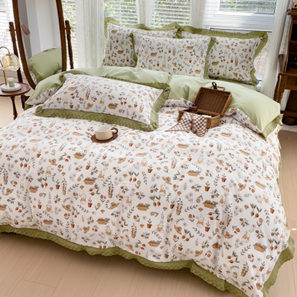 91家纺网 家纺一手货源 找家纺 （总）大米 2023新款复古花边A类印花水洗棉麻双层纱四件套