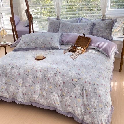 91家纺网 家纺一手货源 找家纺 （总）大米 2023新款复古花边A类印花水洗棉麻双层纱四件套