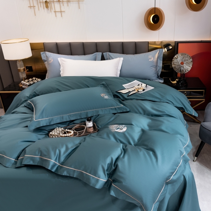 91家纺网 家纺一手货源 找家纺 琉宿 2023新款澳棉CR工艺50s双股长绒棉绣花四件套露西亚刺绣系列 露西亚-伯格绿