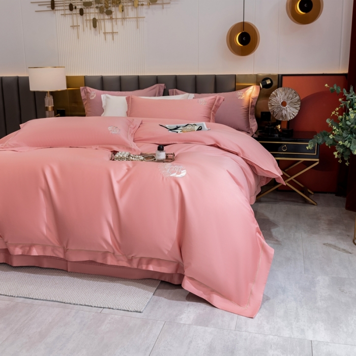 91家纺网 家纺一手货源 找家纺 琉宿 2023新款澳棉CR工艺50s双股长绒棉绣花四件套露西亚刺绣系列 露西亚-粉豆沙