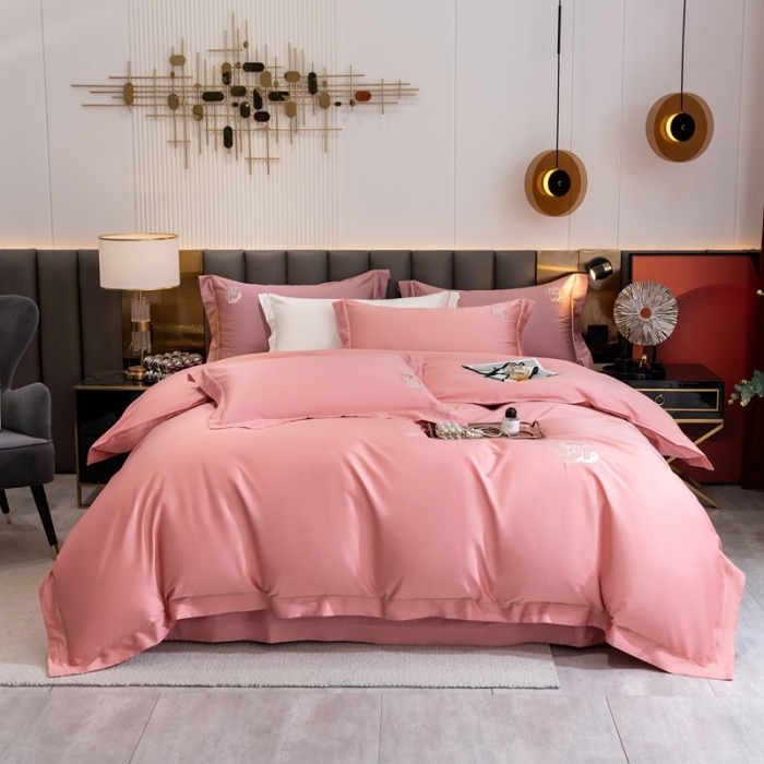 91家纺网 家纺一手货源 找家纺 琉宿 2023新款澳棉CR工艺50s双股长绒棉绣花四件套露西亚刺绣系列 露西亚-粉豆沙