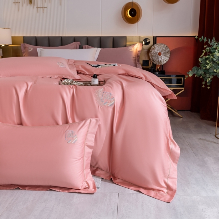 91家纺网 家纺一手货源 找家纺 琉宿 2023新款澳棉CR工艺50s双股长绒棉绣花四件套露西亚刺绣系列 露西亚-粉豆沙