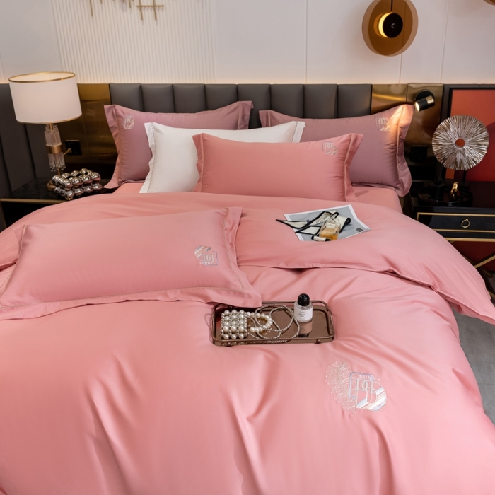 91家纺网 家纺一手货源 找家纺 琉宿 2023新款澳棉CR工艺50s双股长绒棉绣花四件套露西亚刺绣系列 露西亚-粉豆沙