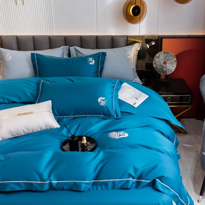 91家纺网 家纺一手货源 找家纺 琉宿 2023新款澳棉CR工艺50s双股长绒棉绣花四件套露西亚刺绣系列 露西亚-海魅蓝