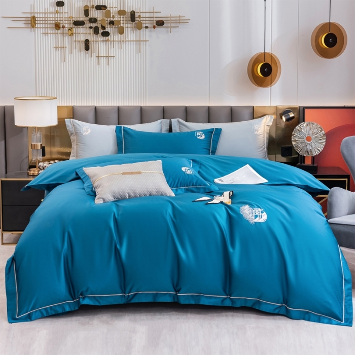 91家纺网 家纺一手货源 找家纺 琉宿 2023新款澳棉CR工艺50s双股长绒棉绣花四件套露西亚刺绣系列 露西亚-海魅蓝