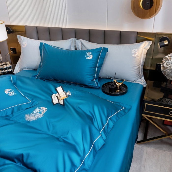 91家纺网 家纺一手货源 找家纺 琉宿 2023新款澳棉CR工艺50s双股长绒棉绣花四件套露西亚刺绣系列 露西亚-海魅蓝