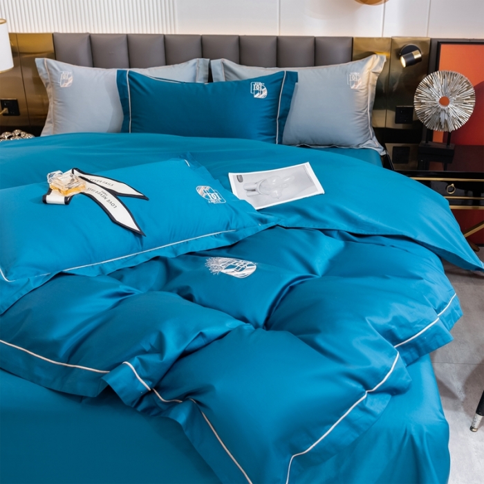 91家纺网 家纺一手货源 找家纺 琉宿 2023新款澳棉CR工艺50s双股长绒棉绣花四件套露西亚刺绣系列 露西亚-海魅蓝