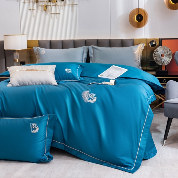 91家纺网 家纺一手货源 找家纺 琉宿 2023新款澳棉CR工艺50s双股长绒棉绣花四件套露西亚刺绣系列 露西亚-海魅蓝