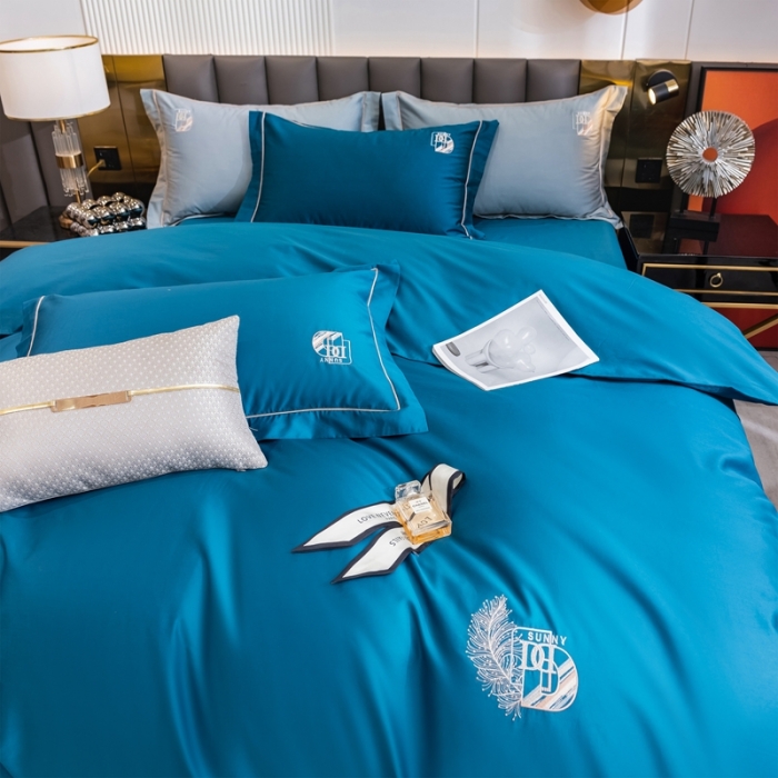 91家纺网 家纺一手货源 找家纺 琉宿 2023新款澳棉CR工艺50s双股长绒棉绣花四件套露西亚刺绣系列 露西亚-海魅蓝