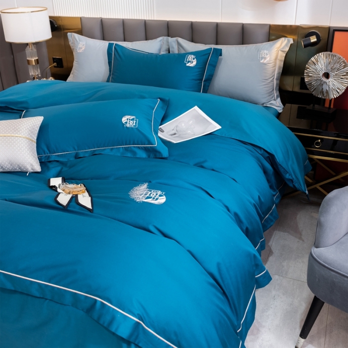 91家纺网 家纺一手货源 找家纺 琉宿 2023新款澳棉CR工艺50s双股长绒棉绣花四件套露西亚刺绣系列 露西亚-海魅蓝