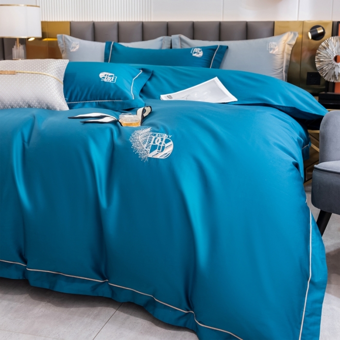 91家纺网 家纺一手货源 找家纺 琉宿 2023新款澳棉CR工艺50s双股长绒棉绣花四件套露西亚刺绣系列 露西亚-海魅蓝