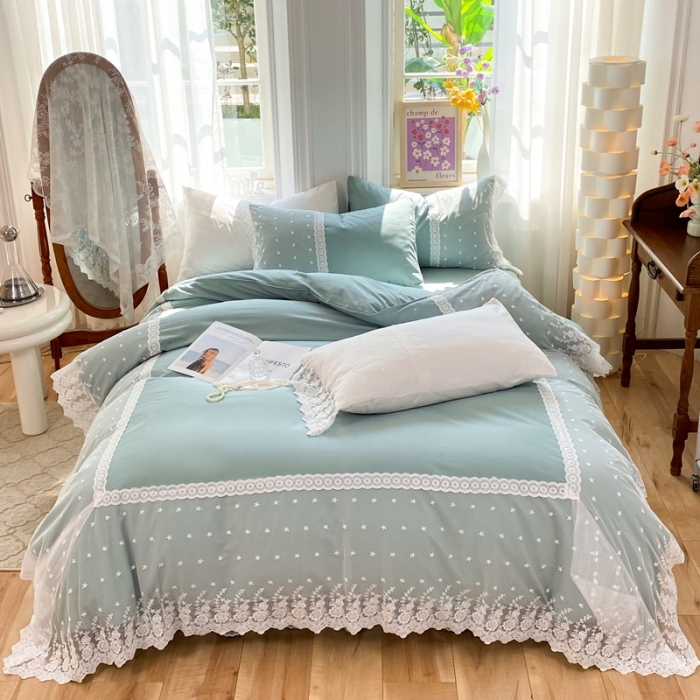 91家纺网 家纺一手货源 找家纺 花香四季 网红新款全棉法式浪漫蕾丝四件套少女心公主风床裙纯 抹茶绿