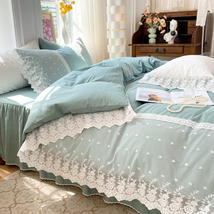 91家纺网 家纺一手货源 找家纺 花香四季 网红新款全棉法式浪漫蕾丝四件套少女心公主风床裙纯 抹茶绿