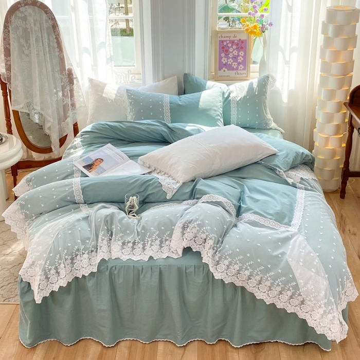 91家纺网 家纺一手货源 找家纺 花香四季 网红新款全棉法式浪漫蕾丝四件套少女心公主风床裙纯 抹茶绿