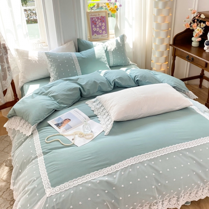 91家纺网 家纺一手货源 找家纺 花香四季 网红新款全棉法式浪漫蕾丝四件套少女心公主风床裙纯 抹茶绿