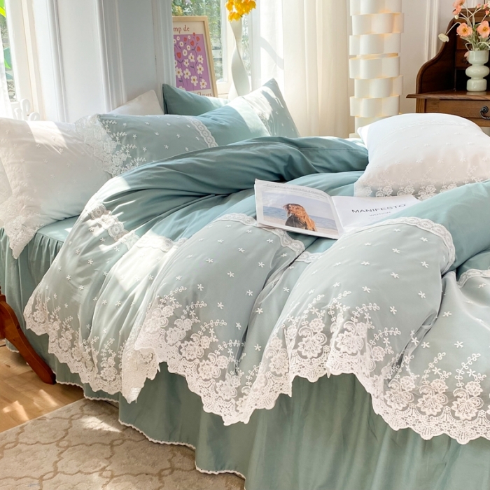 91家纺网 家纺一手货源 找家纺 花香四季 网红新款全棉法式浪漫蕾丝四件套少女心公主风床裙纯 抹茶绿