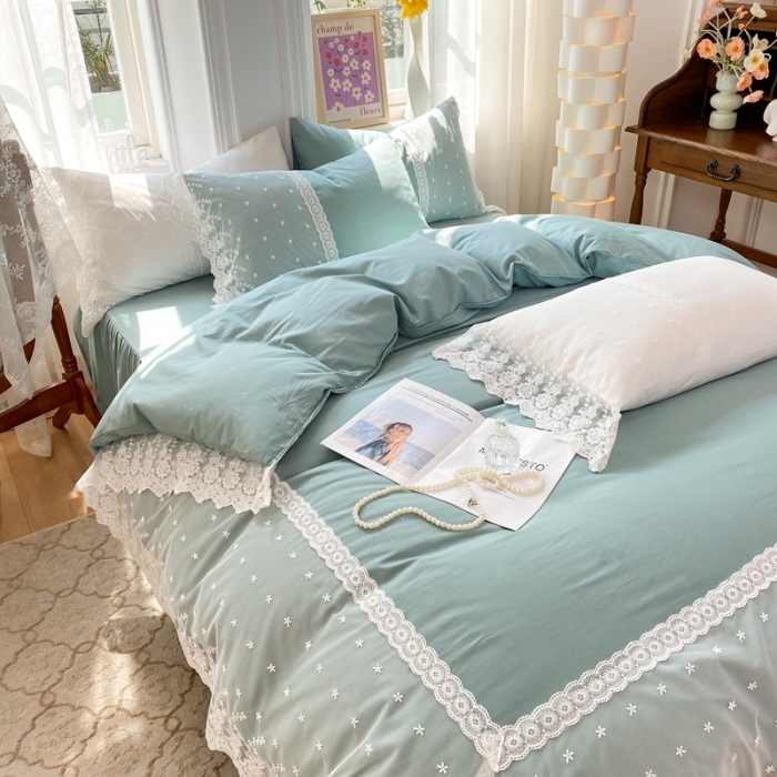 91家纺网 家纺一手货源 找家纺 花香四季 网红新款全棉法式浪漫蕾丝四件套少女心公主风床裙纯 抹茶绿