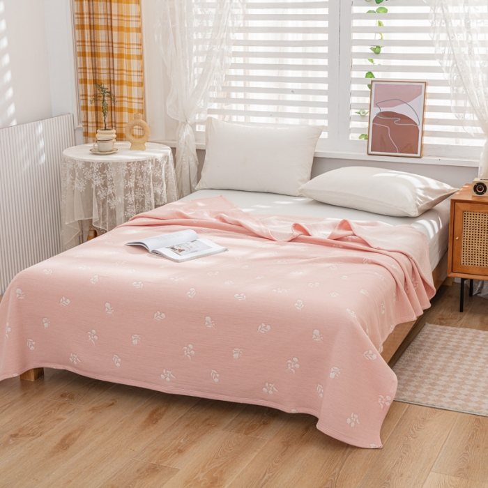 91家纺网 家纺一手货源 找家纺 卡奥 2023新款A类全棉提花针织棉夏被空调盖毯 少女心-粉