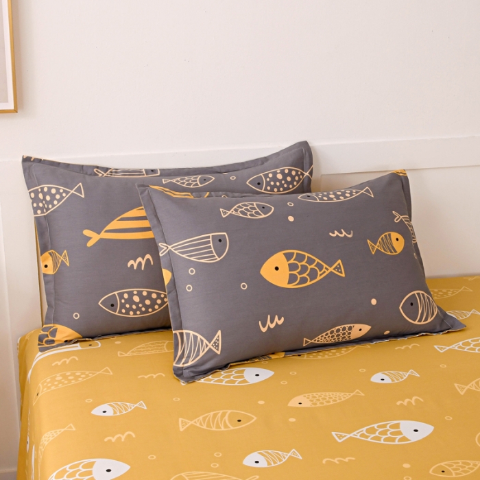 91家纺网 家纺一手货源 找家纺 茗婷 2025纯棉单人双人枕套枕芯 自由鱼趣-灰