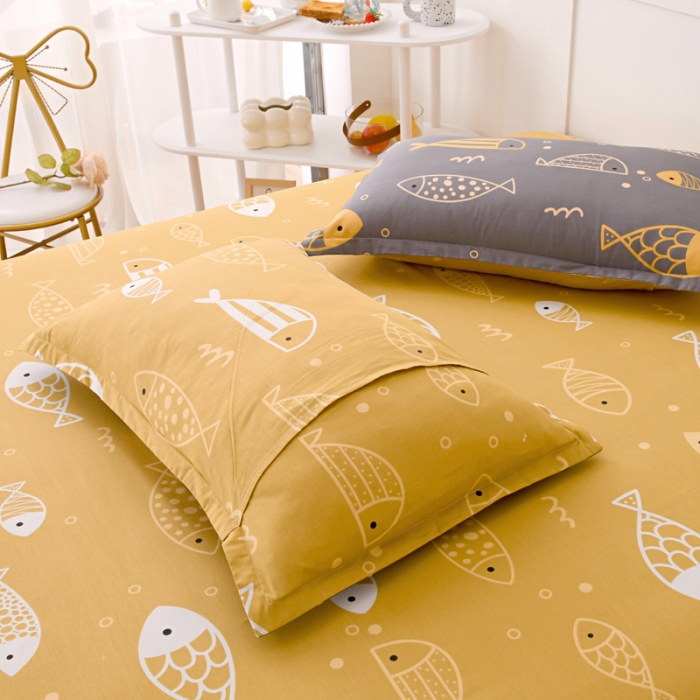 91家纺网 家纺一手货源 找家纺 茗婷 2025纯棉单人双人枕套枕芯 自由鱼趣-灰