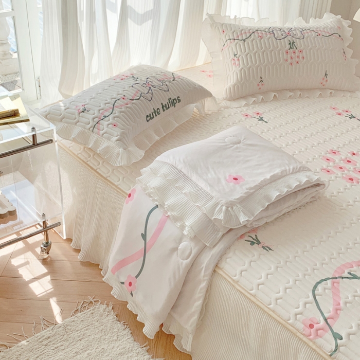 91家纺网 家纺一手货源 找家纺 慕澄 2023新款大版雪纺床裙款乳胶凉席系列 床裙款-蝴蝶结