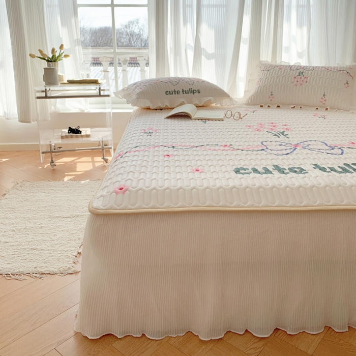 91家纺网 家纺一手货源 找家纺 慕澄 2023新款大版雪纺床裙款乳胶凉席系列 床裙款-蝴蝶结