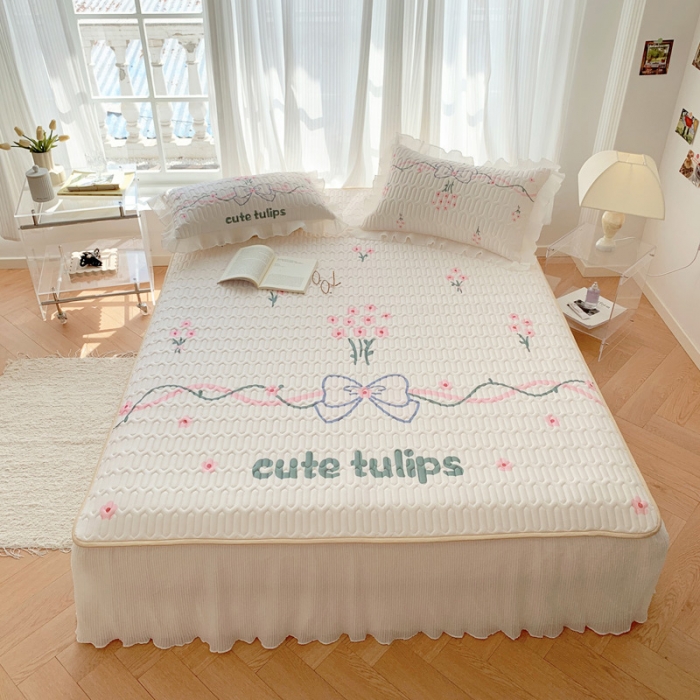 91家纺网 家纺一手货源 找家纺 慕澄 2023新款大版雪纺床裙款乳胶凉席系列 床裙款-蝴蝶结