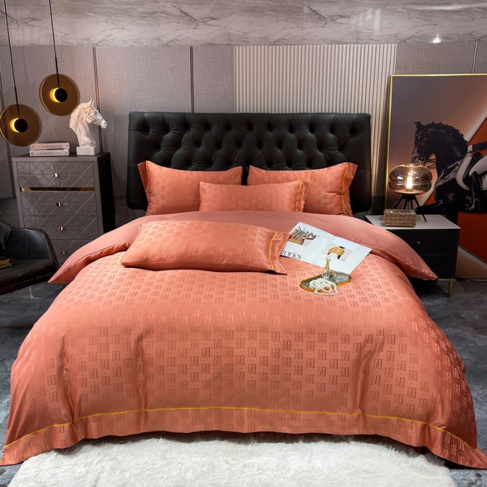 91家纺网 家纺一手货源 找家纺 慕晨 2023新款60S贡缎提花水洗真丝四件套 巴格莉-艾玛橙