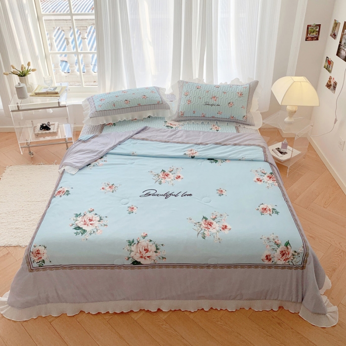 91家纺网 家纺一手货源 找家纺 慕澄 2023新款大版雪纺床裙款乳胶凉席系列 床裙款-浪漫花开