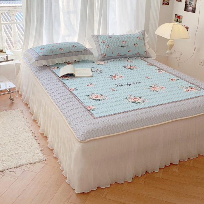 91家纺网 家纺一手货源 找家纺 慕澄 2023新款大版雪纺床裙款乳胶凉席系列 床裙款-浪漫花开