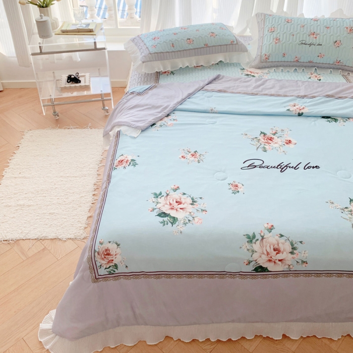 91家纺网 家纺一手货源 找家纺 慕澄 2023新款大版雪纺床裙款乳胶凉席系列 床裙款-浪漫花开