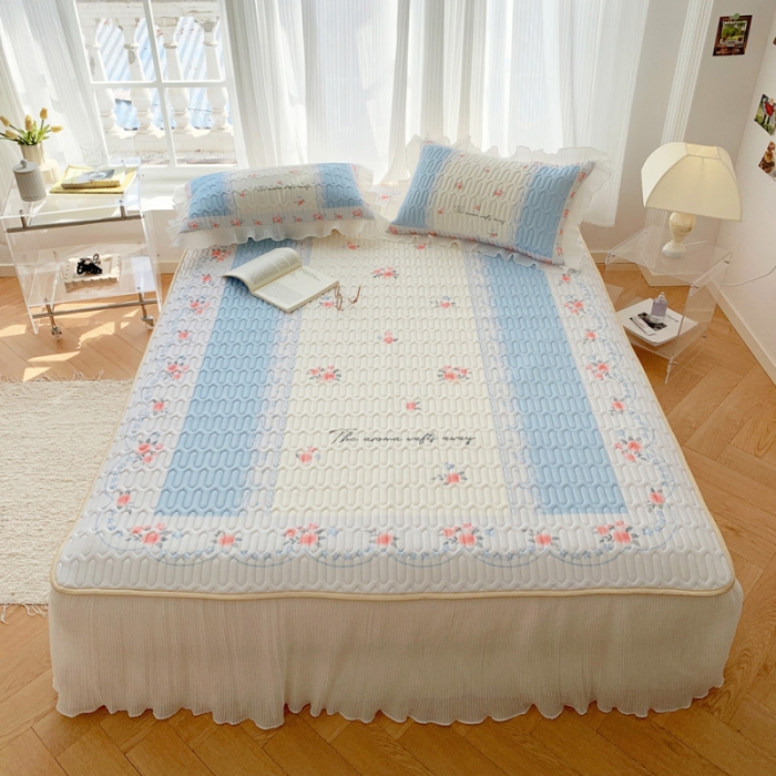 91家纺网 家纺一手货源 找家纺 慕澄 2023新款大版雪纺床裙款乳胶凉席系列 床裙款-荼蘼花开