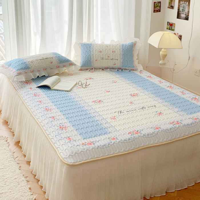 91家纺网 家纺一手货源 找家纺 慕澄 2023新款大版雪纺床裙款乳胶凉席系列 床裙款-荼蘼花开