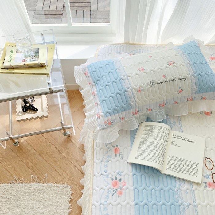 91家纺网 家纺一手货源 找家纺 慕澄 2023新款大版雪纺床裙款乳胶凉席系列 床裙款-荼蘼花开