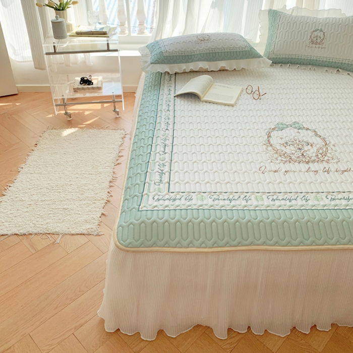 91家纺网 家纺一手货源 找家纺 慕澄 2023新款大版雪纺床裙款乳胶凉席系列 床裙款-晚风