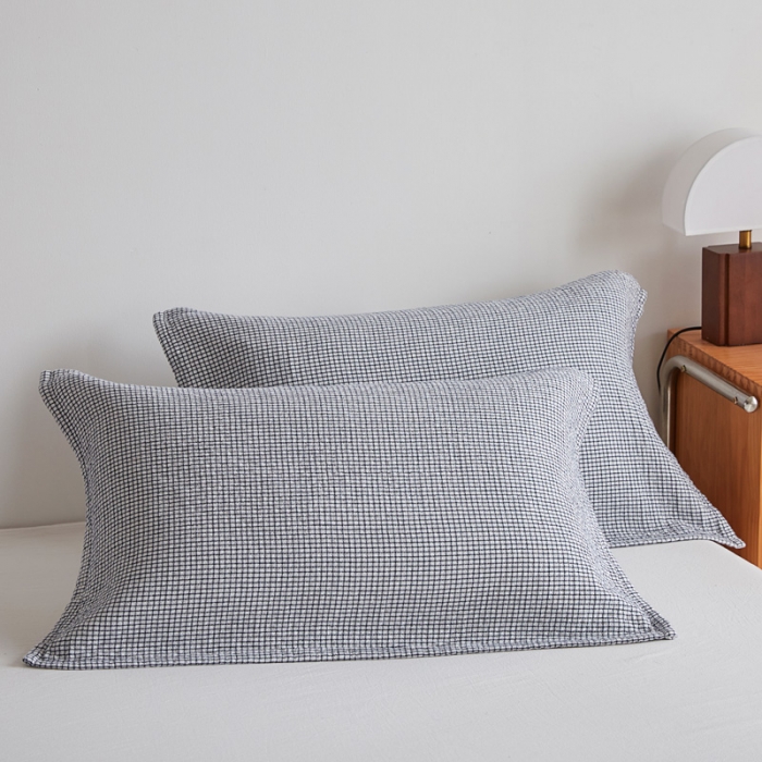 91家纺网 家纺一手货源 找家纺 乐家毛巾被 2023新款色织日式三层小格枕巾 浅灰