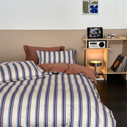 ROZ home 蕊姿家居 2023新款全棉贡缎四件套 棕蓝条纹