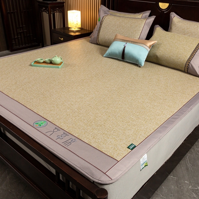 91家纺网 家纺一手货源 找家纺 简一2024新款艾草凉席床笠款冰丝席冰藤席 亚麻