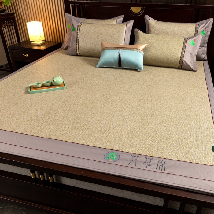 91家纺网 家纺一手货源 找家纺 简一2024新款艾草凉席床笠款冰丝席冰藤席 亚麻