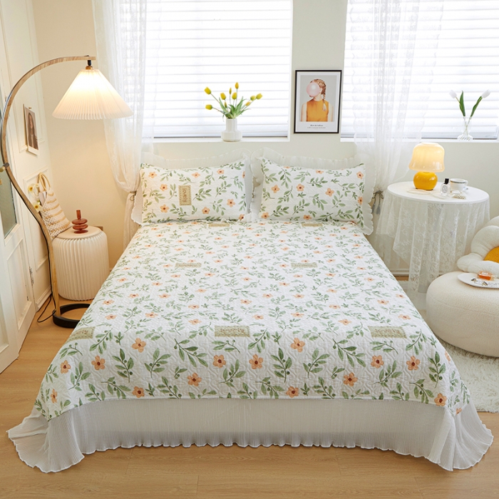 91家纺网 家纺一手货源 找家纺 添越 2024小清新韩版蕾丝花边纯棉夹棉床盖三件套全棉 青柠薄荷