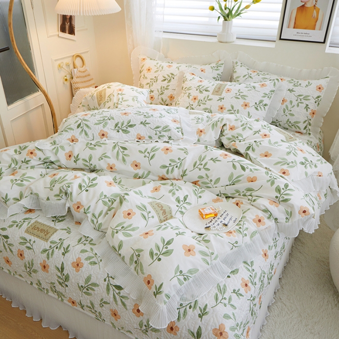 91家纺网 家纺一手货源 找家纺 添越 2024小清新韩版蕾丝花边纯棉夹棉床盖三件套全棉 青柠薄荷