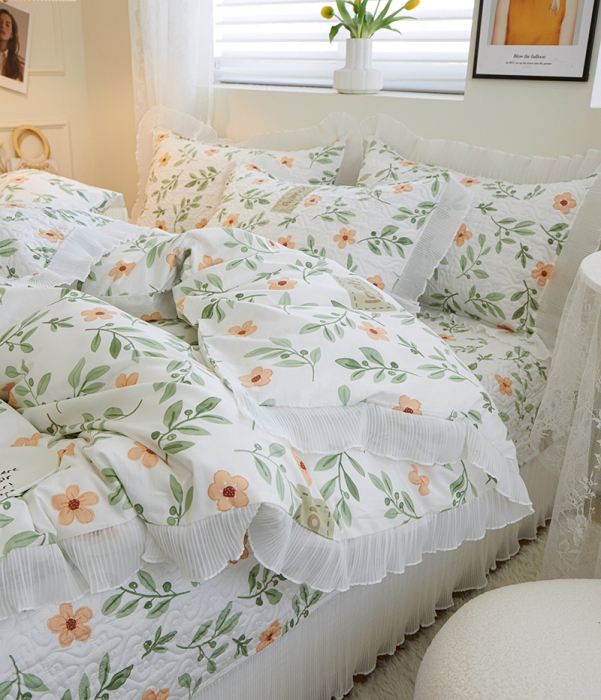 91家纺网 家纺一手货源 找家纺 添越 2024小清新韩版蕾丝花边纯棉夹棉床盖三件套全棉 青柠薄荷