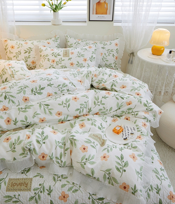 91家纺网 家纺一手货源 找家纺 添越 2024小清新韩版蕾丝花边纯棉夹棉床盖三件套全棉 青柠薄荷