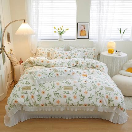 添越 2024小清新韩版蕾丝花边纯棉夹棉床盖三件套全棉 青柠薄荷