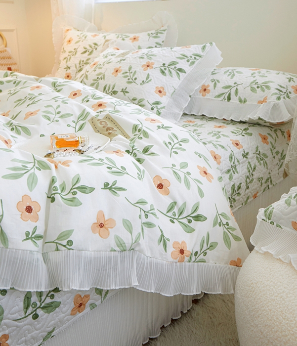 91家纺网 家纺一手货源 找家纺 添越 2024小清新韩版蕾丝花边纯棉夹棉床盖三件套全棉 青柠薄荷