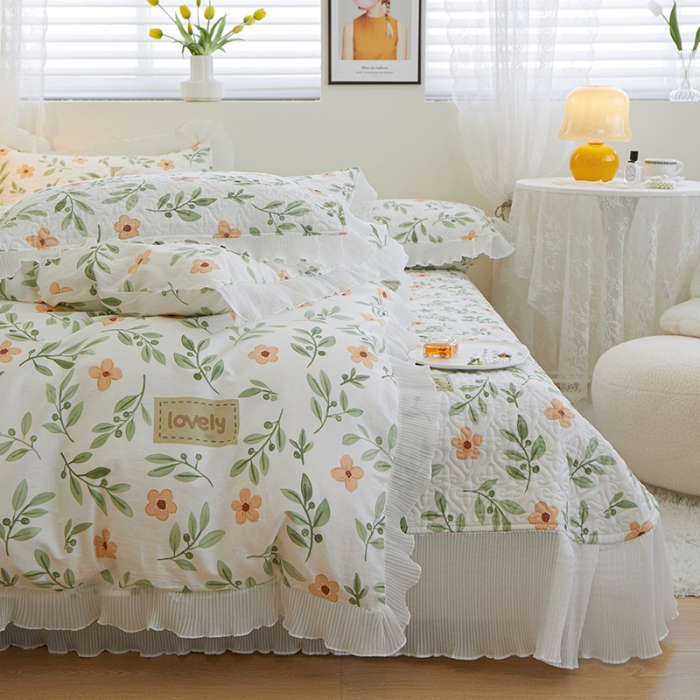 91家纺网 家纺一手货源 找家纺 添越 2024小清新韩版蕾丝花边纯棉夹棉床盖三件套全棉 青柠薄荷