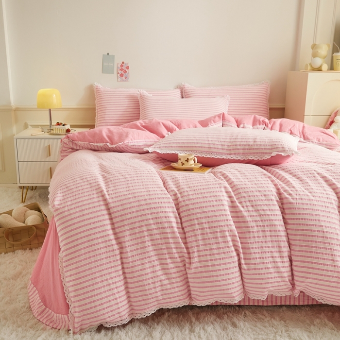 91家纺网 家纺一手货源 找家纺 安莱 2023新款 锦瑟色织提花四件套 锦瑟 桃红