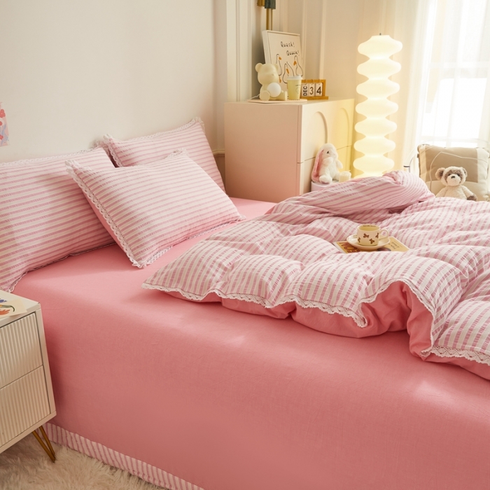 91家纺网 家纺一手货源 找家纺 安莱 2023新款 锦瑟色织提花四件套 锦瑟 桃红